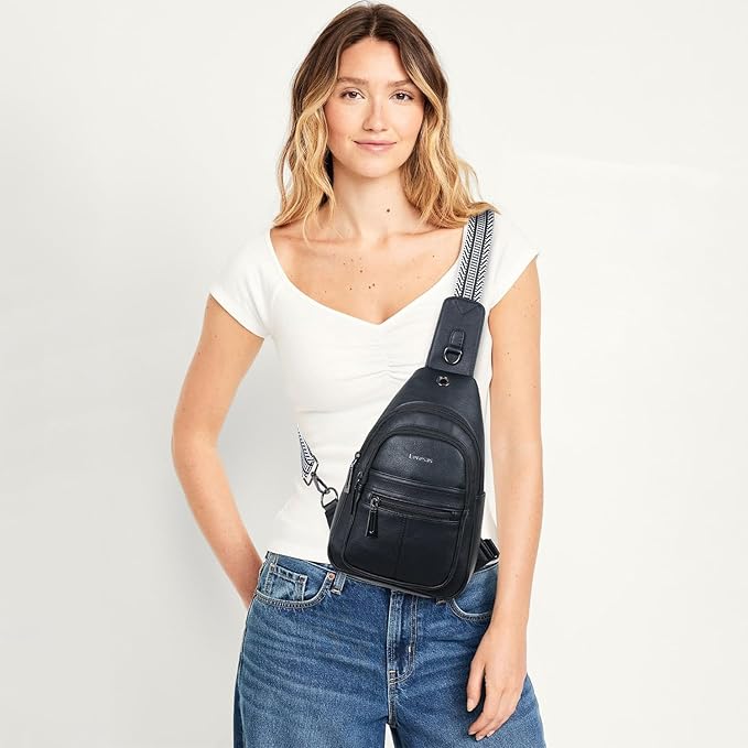 7L Sling Bag for Women Vegan Leather Crossbody Purse Chest Bags Fashionable Trendy Fanny Pack with Travel, Black