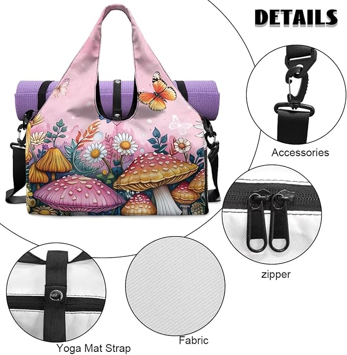 Small Duffle Bag for Women with Yoga Mat Holder, Mushroom Workout Bag with Inner Pocket, Shoe Compartment, Weekend Bag Ventilated Lightweight Totes for Birthday Gift