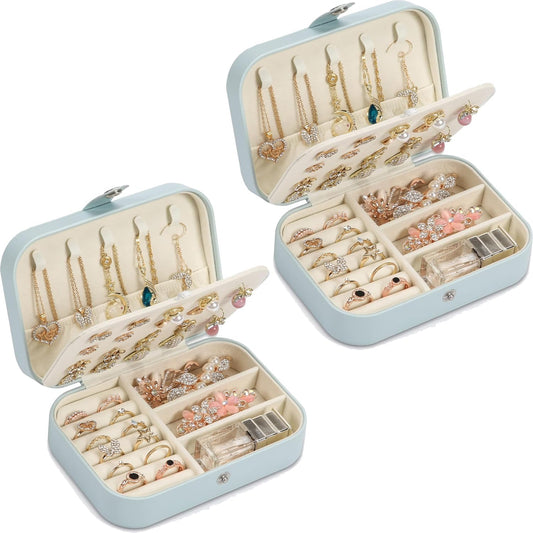 Travel Jewelry Box, PU leather Small Jewelry Organizer For Female Girls, double layer portable mini travel case for storing earrings, rings, necklaces.(blue 2pcs)