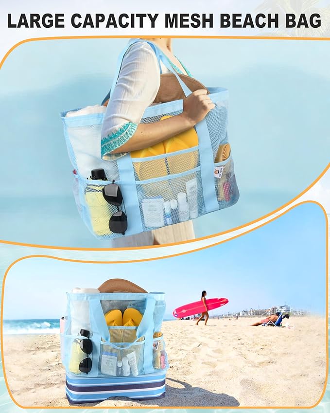 Beach Bag with Cooler, Mesh Beach Bag for Women Cruise Pool, Packable Waterproof Sandproof Travel Tote Bag with 8 Pockets