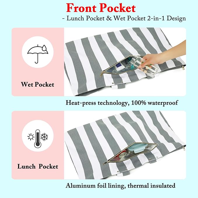 Large Canvas Beach Bag for Women, Beach Bags Waterproof Sandproof with Zipper & Wet Bag Cruise Essentials