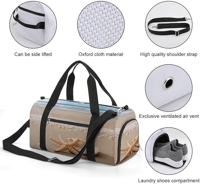 Starfish Shell And Beach Gym Bag Lightweight ，Travel Duffle Bag with Shoe Compartment，Gym Bag for Women for Overnight, Weekend, Yoga, Gym, Business Trips, Sport And Hospital.