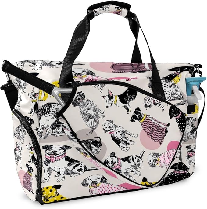 Vintage Dog Black Gym Bag for Women & Tennis Bag, Large Sports Duffel Bag Waterproof with Ventilated Shoe Compartment & Front Racket Sleeve, Lightweight Travel Weekender Overnight Bag
