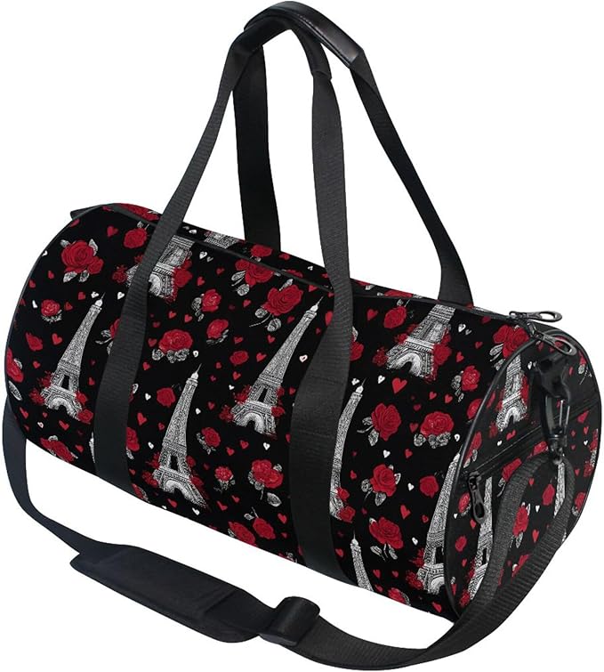 MNSRUU Sports Duffel Bags, Eiffel Tower Rose Athletic Gym Bag Overnight Workout Travel Tote Luggage for Men Women Yoga