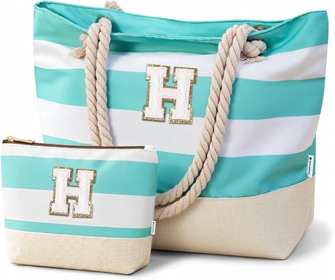 Vavabox Initial Beach Tote Bag for Women, Water-resistant Foldable Travel Beach Bag Set, Birthday Gifts for Women Mom