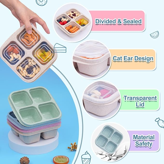 4 Pack Snack Containers, 4 Compartments Snackle Box Container, Reusable Meal Prep Lunchable Container for Adults, Microwave Dishwasher Safe, Stackable Bento Snack Boxes for Work, Travel