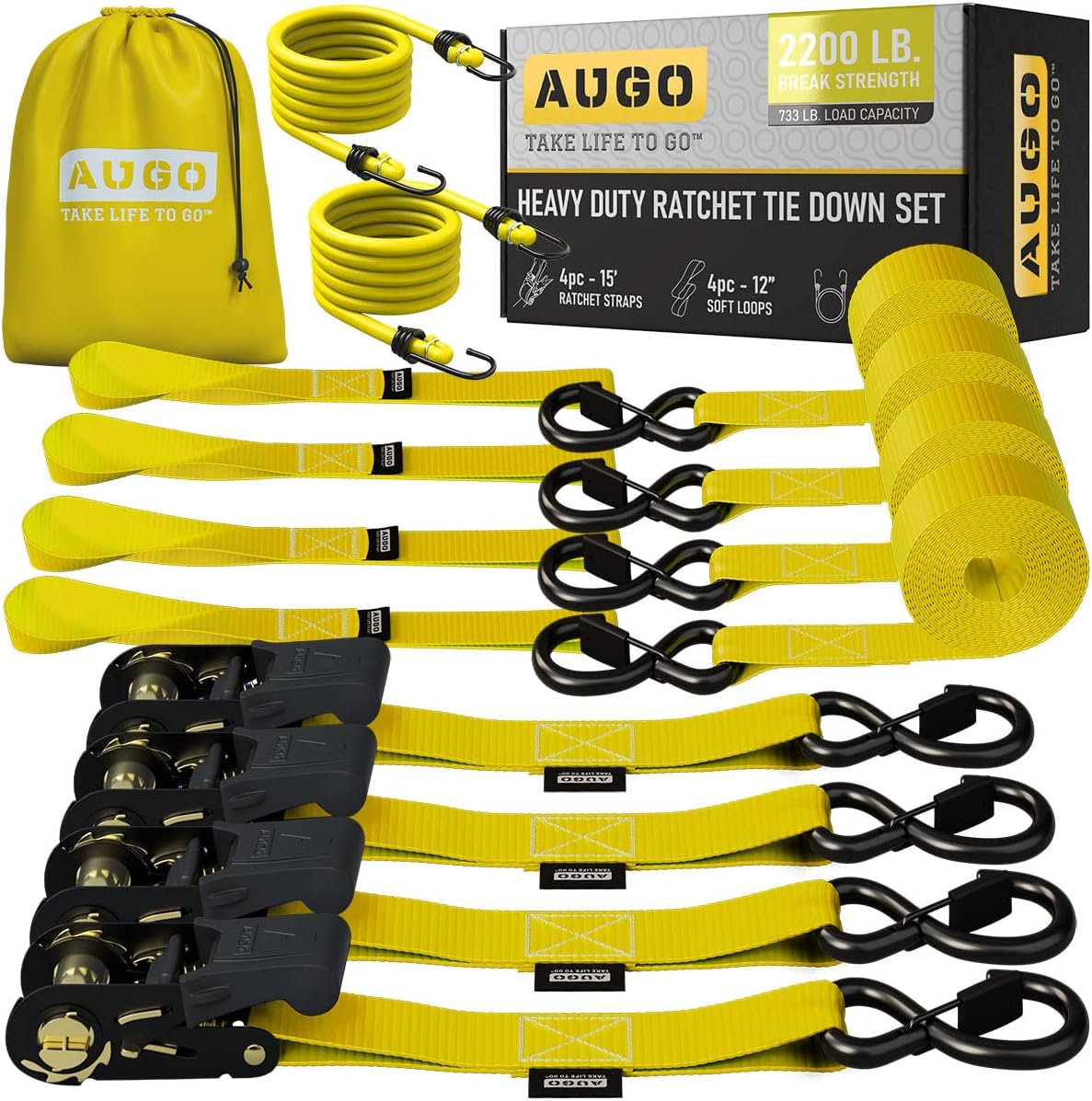 AUGO Ratchet Straps Heavy Duty 4 Pack -15 FT - 2200 LB Break Strength – with Safety Lock S Hooks - Cargo Straps for Moving, Appliances, Motorcycle – Soft Loop Tie Down Straps