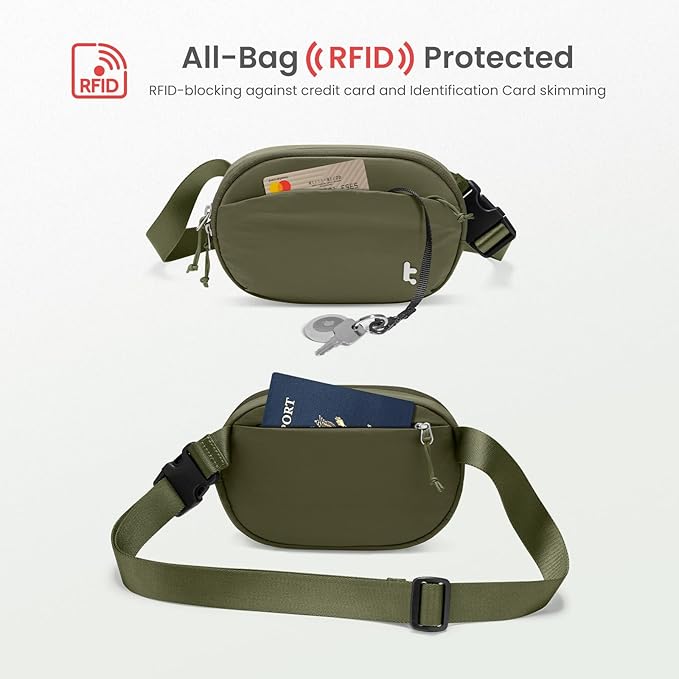 tomtoc Belt Bag with RFID Blocking, 1.5L Cross Body Fanny Pack for Women Men, Sling Waist Bags with Adjustable Strap for Travel Walk