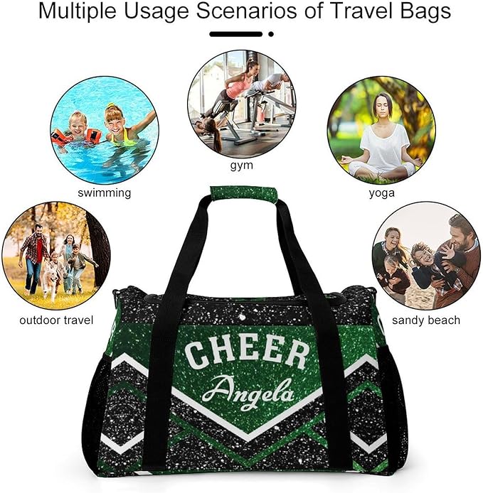 Personalized Green Cheerleader Black Sequin Print Duffle Bag with Name for Women Man Custom Multifunctional Travel Perform Training Bag Luggage Bag