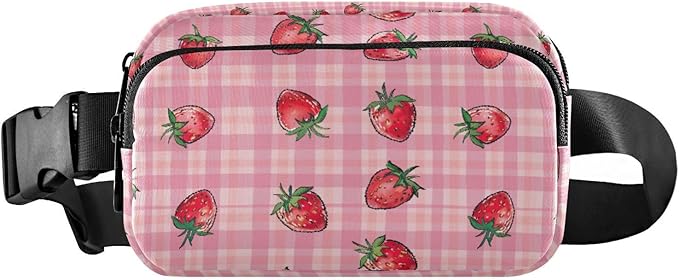 Pink Strawberry Checkered Plaid Fanny Pack for Women Men Water Resistant Fashion Waist Packs with Adjustable Strap Belt Bag for Travel Workout Jogging Hiking 21219342