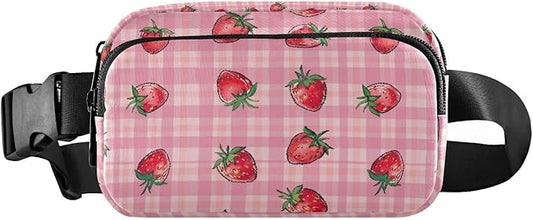Pink Strawberry Checkered Plaid Fanny Pack for Women Men Water Resistant Fashion Waist Packs with Adjustable Strap Belt Bag for Travel Workout Jogging Hiking 21219342