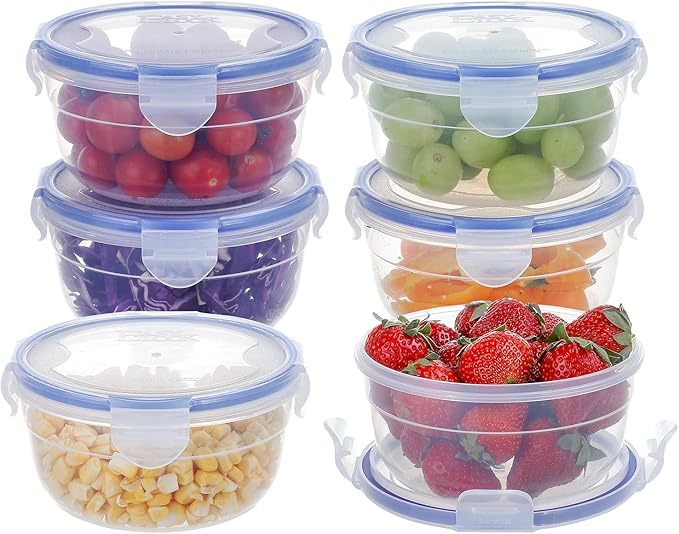 KIGI Round Food Storage Container, Leakproof Plastic Bowls with Lid Set for Soup, Snack, Fruit, Meal Prep & Lunch, 4 Sided Locking Airtight Lid, BPA Free, 20 oz / 2.5 Cup, 12 Piece Set
