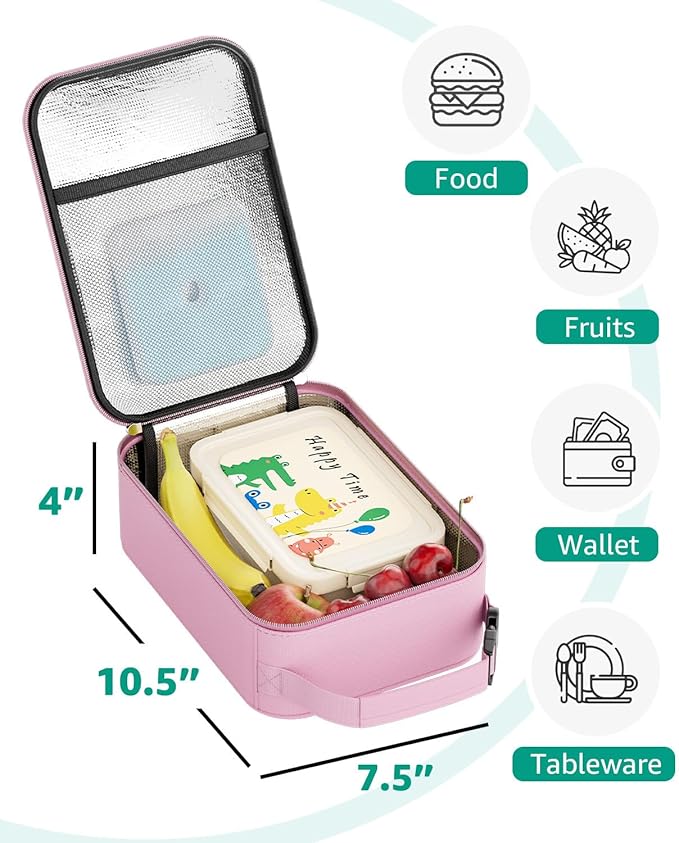 HowFly Small Lunch Bag - Insulated Lunch Box Bag for Women Men - Portable Thermal Reusable Meal Cooler Bags with Buckle Handle for Work School - Pink