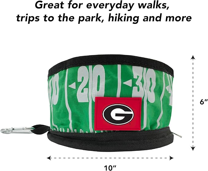 Pets First NCAA Georgia Bulldogs Collapsible Dog Travel Bowl, Food and Water Bowl for Dogs & Cats. Lightweight Leak-Proof Pet Bowl for Travel with Football Field & Pebble-Grain Design
