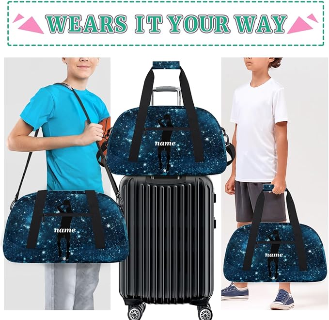 Personalized Boys Gym Bags, Custom Name Sport Bags for Training Travel Overnight Weekender Basketball Silhouettes Romantic Blue