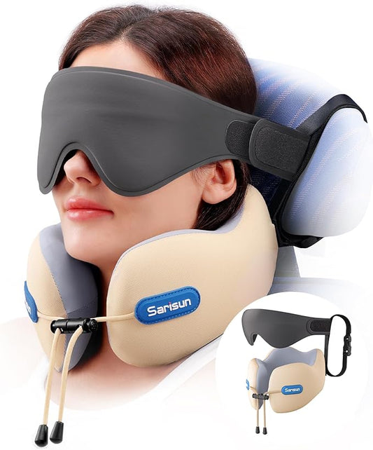 Travel Neck Pillow,Real Neck Support Travel Pillow with Strap,Combo 3D Eye Mask for Sleep,Dual-Density Supportive Foam Neck Pillow for Airplane Flights,Car Road Trip Travel Essentials Beige