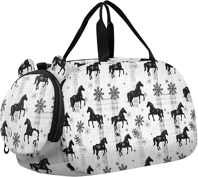 Black Horse Buffalo Plaid Snowflakes Girl's Gym Duffel Bag with Shoes Compartment Lightweight Carry on Luggage for School Practice, Sports, Travel bolsa para hombre