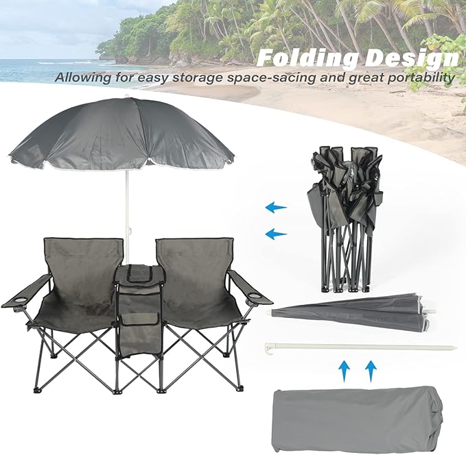 LAZZO Double Folding Camping Chairs, Portable Picnic Camping Chairs w/Umbrella Mini Beverage Holder Carrying Cooler Bag, Outdoor Picnic Double Folding loveseat Camp Chairs for Beach Patio Pool Park