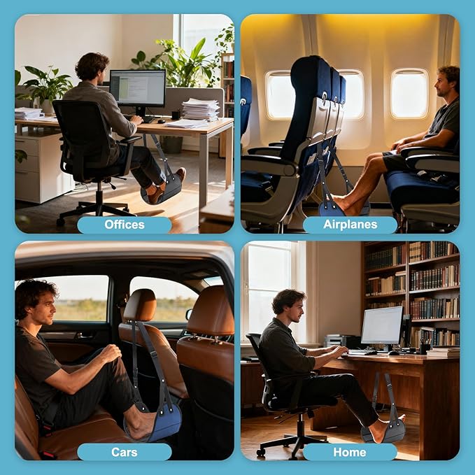 2-Pack Airplane Travel Footrest Hammock, Portable Airplane Foot Hammock with Adjustable Strap, Desk Foot Hammock to Relax Your Feet, Foot Sling Travel Work Essentials (Black & Blue)