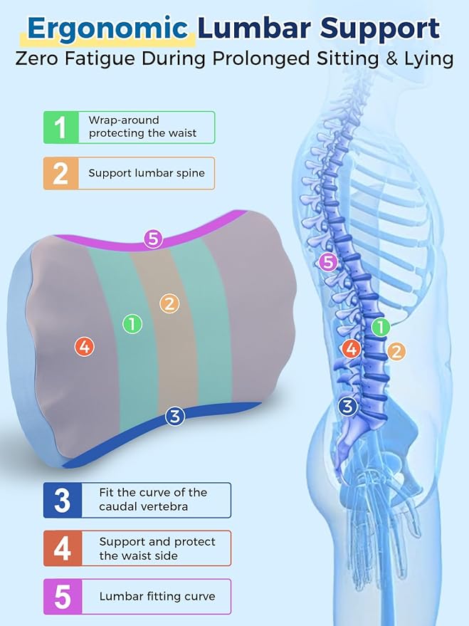 Lumbar Pillow for Sleeping, Lumbar Support Pillow for Bed for Back Pain Relief, Memory Foam Lower Back Pillow for Bed, Back Support Pillow for Side & Back Sleepers, Washable Cover