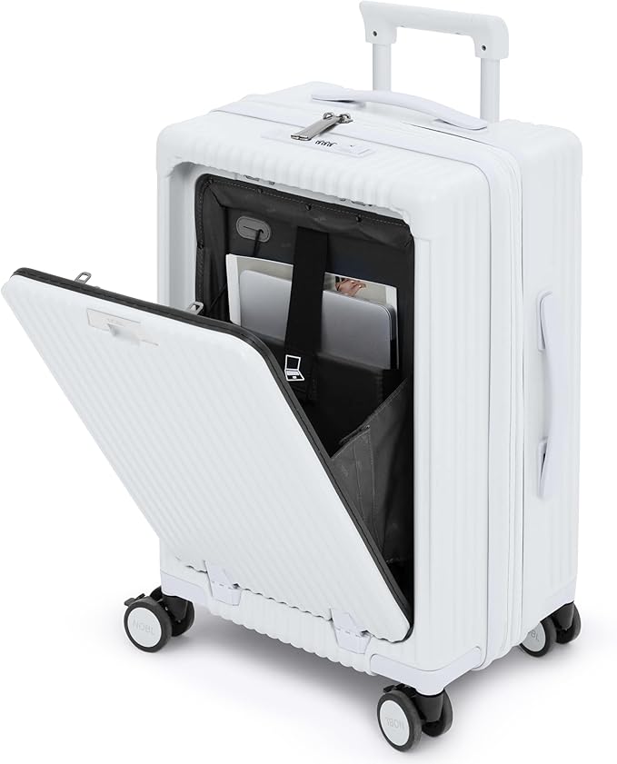 Nobl Travel Carry On Expandable Luggage, Noble Aluminum Frame PC Hard Shell Suitcase, 22.5”x14.2”x9.8” Airline Approved, 360° Spinner Wheels, TSA Locks, USB Charging, Cup & Phone Holder - Ivory