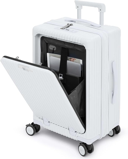 Nobl Travel Carry On Expandable Luggage, Noble Aluminum Frame PC Hard Shell Suitcase, 22.5”x14.2”x9.8” Airline Approved, 360° Spinner Wheels, TSA Locks, USB Charging, Cup & Phone Holder - Ivory