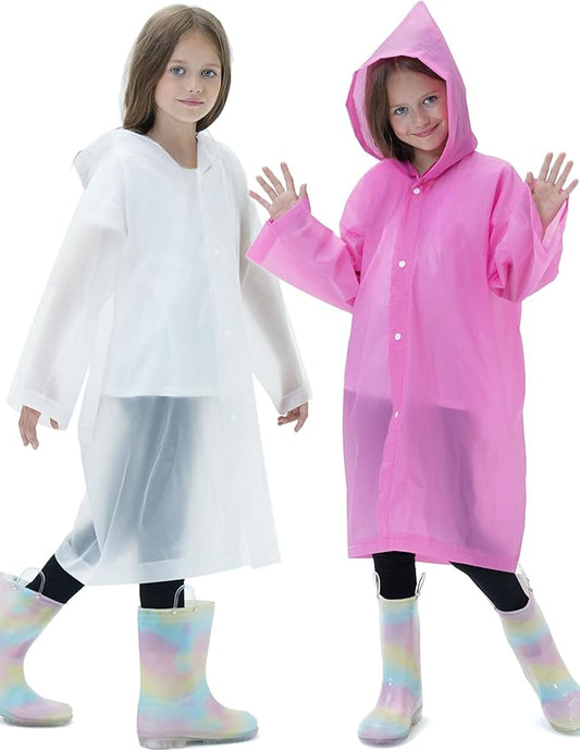 2 Pack Reusable Waterproof Raincoat EVA Emergency Rain Ponchos One Size Rain Jacket for Children, Boys and Girls
