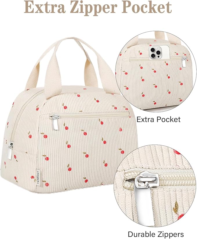 Cute Lunch Box Tote Bag - Corduroy Insulated Cooler Bags for Women - Lightweight Reusable Portable Soft Lunch Pail Kit for Kids Teen Girl Adults Work School Picnic Travel Cherry 12L