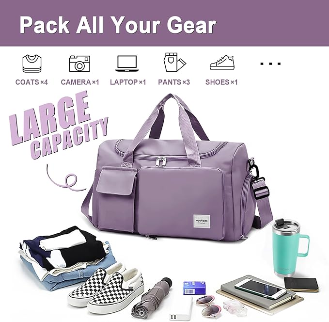 WOOMADA Foldable Travel Duffel Bag with Shoes Compartment, Overnight Bag with Wet Pocket & Trolley Sleeve, Weekender Bags for Women(A-grayish purple)