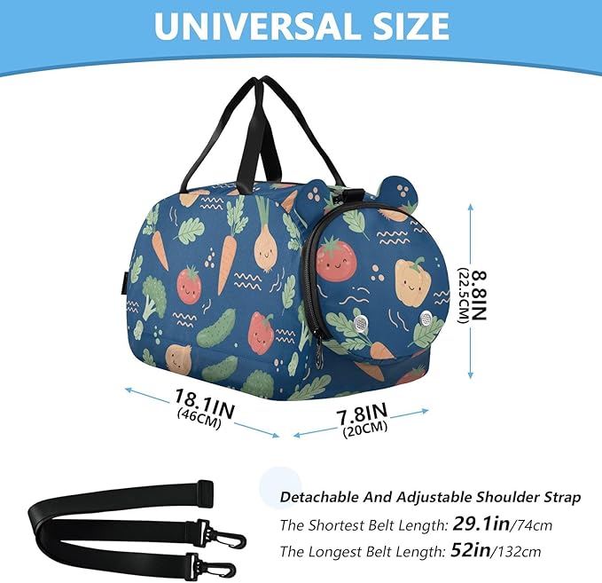 Cartoon Vegetables Blue Print Kids Sports Duffle Bag for Boys Girls Toddler Weekender Overnight Bag with Shoe Compartment & Wet Pocket Travel Foldable Bag for Sport Dance Travel Gym