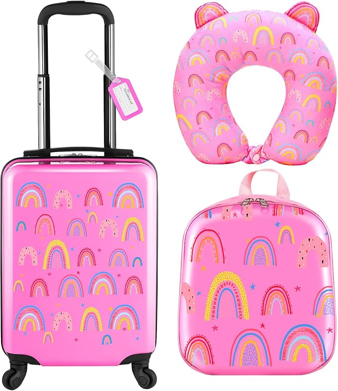 Sanwuta 4 Pcs Kids Luggage Set Rolling Suitcase Backpack U-shaped Pillow Kids Carry On Gift for Summer Travel Family Trip(17 Inch,Rainbow Style,Pink)