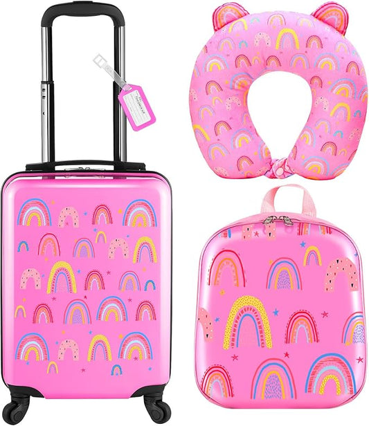 Sanwuta 4 Pcs Kids Luggage Set Rolling Suitcase Backpack U-shaped Pillow Kids Carry On Gift for Summer Travel Family Trip(17 Inch,Rainbow Style,Pink)