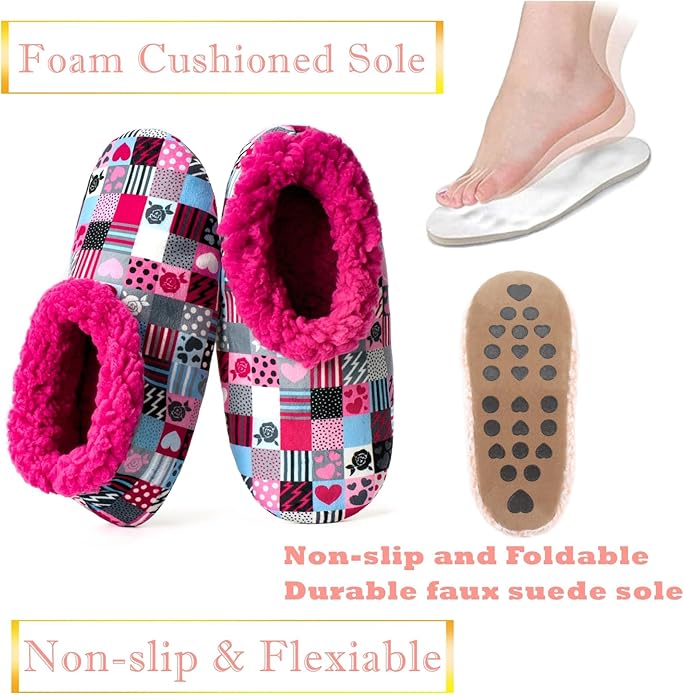 Soft Fuzzy Slippers for Women Indoor, Warm Furry House Sock Shoes Fluffy Lined, Bedroom Booties Non-Slip Gripper Soles, Winter Cozy Christmas Gifts