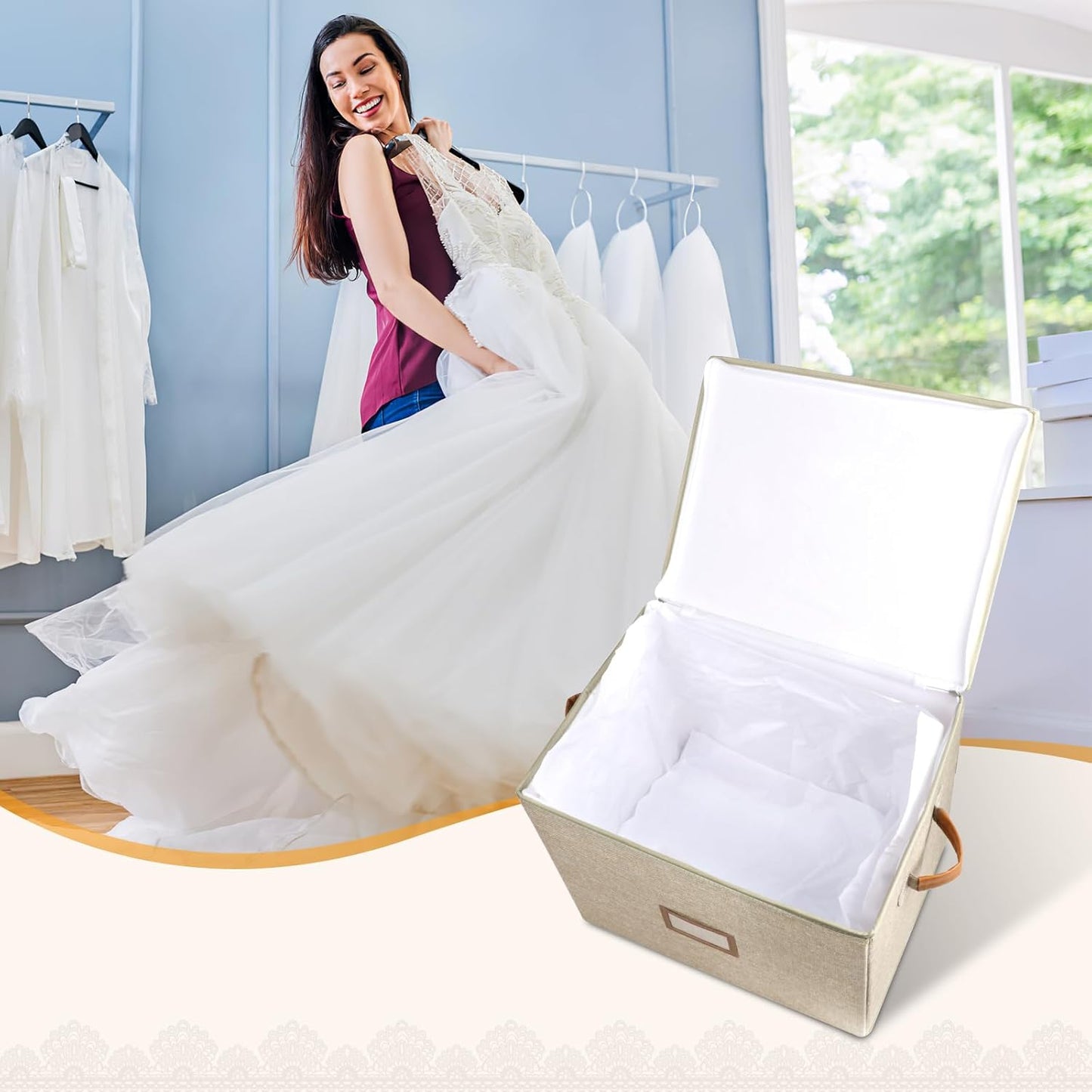 Lukeline Wedding Dress Storage Box,Wedding Dress Preservation Box with Lid,Foldable Acid-Free Organizer with 1 Pair of Microfiber Gloves and 20 Sheets of Acid-Free Paper, 2-Pack