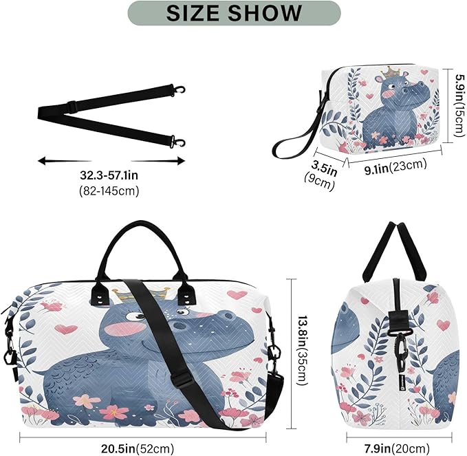 Travel Duffle Bag, Little Princess Hippo A Crown Gym Bag with Storage Bag Weekender Overnight Bag for Men Women Trip Sports Yoga