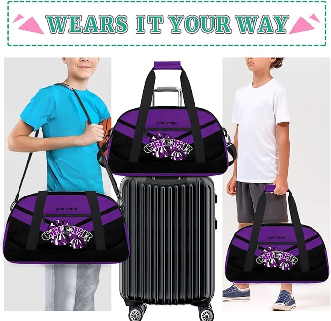 Custom Name Black Purple Cheerleading Squad Gym Travel Duffle Bag with Front Zipper Pocket Personalizedfor Sports Bag for Overnight, Weekender, Carry On,Workout & Dance, 18.9 * 8.7 * 10.6 in