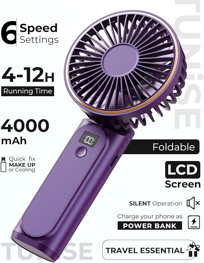 Portable Handheld Fan, 4000mAh, 180 Adjustable, 6 Speed Wind, USB Rechargeable Foldable Fan with Real-Time Electricity Display