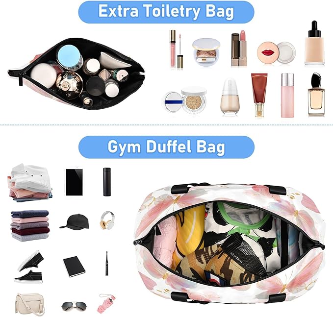 Travel Duffel Bags for Women Pink Butterfly Sports Duffel Bags Gym Bags with Shoes Compartment Tote Bag Weekender Bag for Travelling