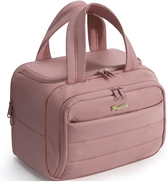 Travel Toiletry Bag for Women, Lightweight Large Quilted Puffy Makeup Bag Wide-open Make up Organizer Cloud Cosmetic Bag w/Handle for Traveling, Toiletries Essentials Accessories Dark Pink