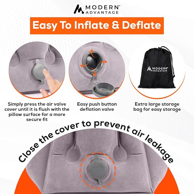 Modern Advantage Inflatable Travel Pillow with Adjustable Extra Bottom Support Neck Pillow for Chin & Head Stability Prevents Neck Pain Plane Pillow for Long Flight Travel Eye Mask & Earplugs - Grey