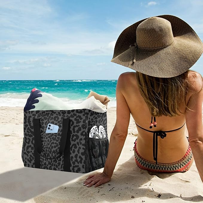 Bolaz Travel Tote Bag，Gym Bag for Men,Waterproof Beach Bag for Women Foldable Reusable-Black Leopard Print