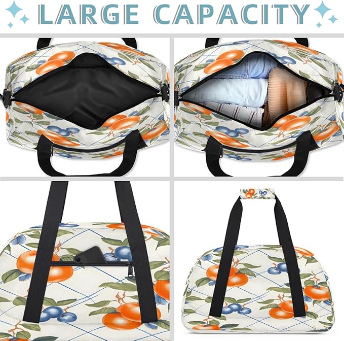 Travel Duffle Bag, Orange Fruit Blue Check Waterproof Weekender Overnight Bags for Women Men Lightweight Carry on Duffle Gym Bag for Travel, Sports, Fitness, Workout