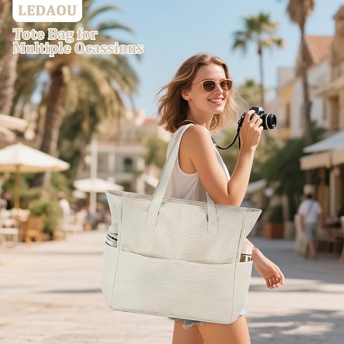 LEDAOU Large Beach Bag Women Waterproof Sandproof Zipper Beach Tote Pool Bag for Swim Gym Grocery Travel with Wet Pocket | Waterproof, Sandproof, Zipper, Pool, Gym, Grocery