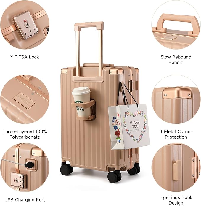 MYER Hard Shell Carry On Luggage 22x14x9 Airline Approved,20 Inch Aluminum Luggage with 100% 3-Layer PC,Carry On Suitcases with Wheels,Cup Holder and USB Port (Cornus Pink, 20 inch)