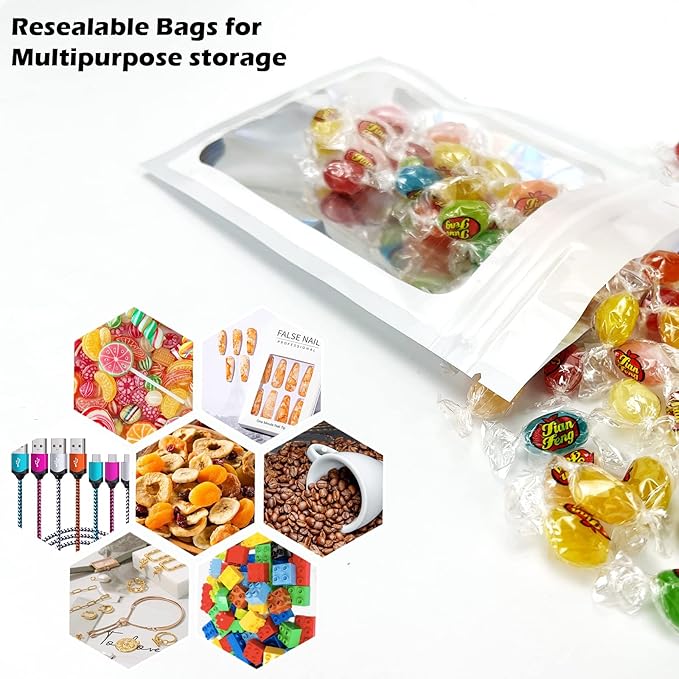 300 Pcs Holographic Mylar Bags, 3 Sizes, Smell Proof, Airtight, Reusable, Layered Construction, Zipper Closure, White