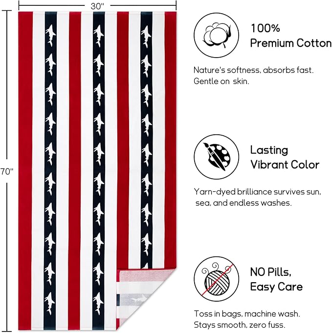 cabanana Large Beach Towel Oversized - Cotton Velour 35 x 70 Inch Shark Striped Terry Pool Towel, Cabana Soft Swimming Towel for Adults Women Men (Navy Red)