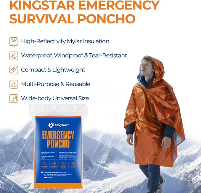 4 Pack Emergency Mylar Blanket Poncho | Waterproof Rain Ponchos | Reusable Packable Poncho | Survival Blanket Poncho for Outdoor Camping & Hiking, Rescue, Car Emergency Kit, Shelter/Tent Cover