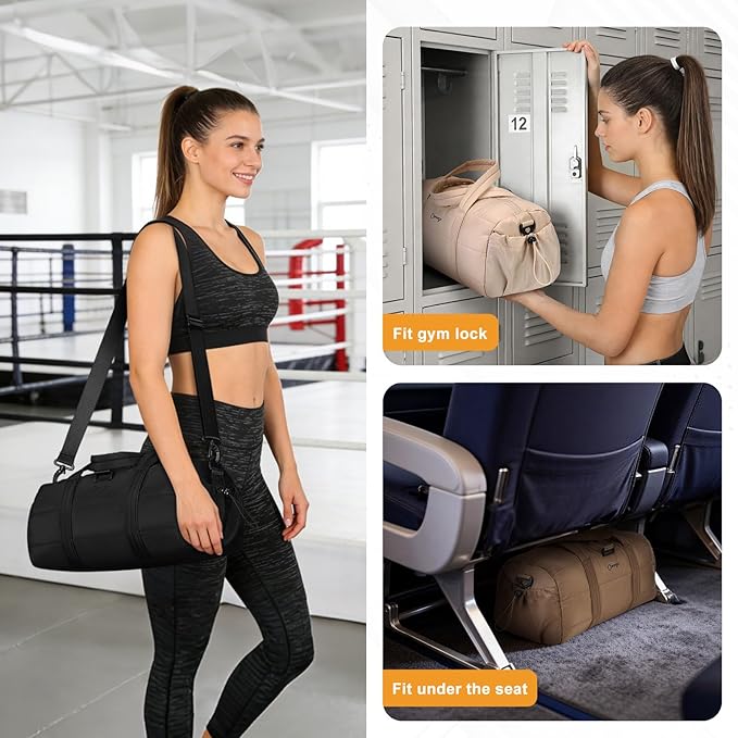 20L Gym Bag for Women, Medium Sport Duffel Bag with Yoga Mat Strap,Wet Pocket, Water-Resistant Adjustable Strap for Gym Yoga, Black