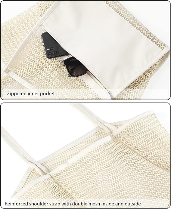 Iioscre Beach Bag for Women, Causal Hobo Pool Bags with Zipper Inner Pocket, Foldable Swim Tote Bag for Vacation Essentials
