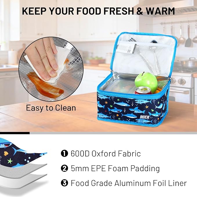 MIER Insulated Lunch Box for Men Women Kids Portable Small Lunch Bag 9 CAN Compact Thermal Mini Cooler for School Work Picnic, Blue Fish